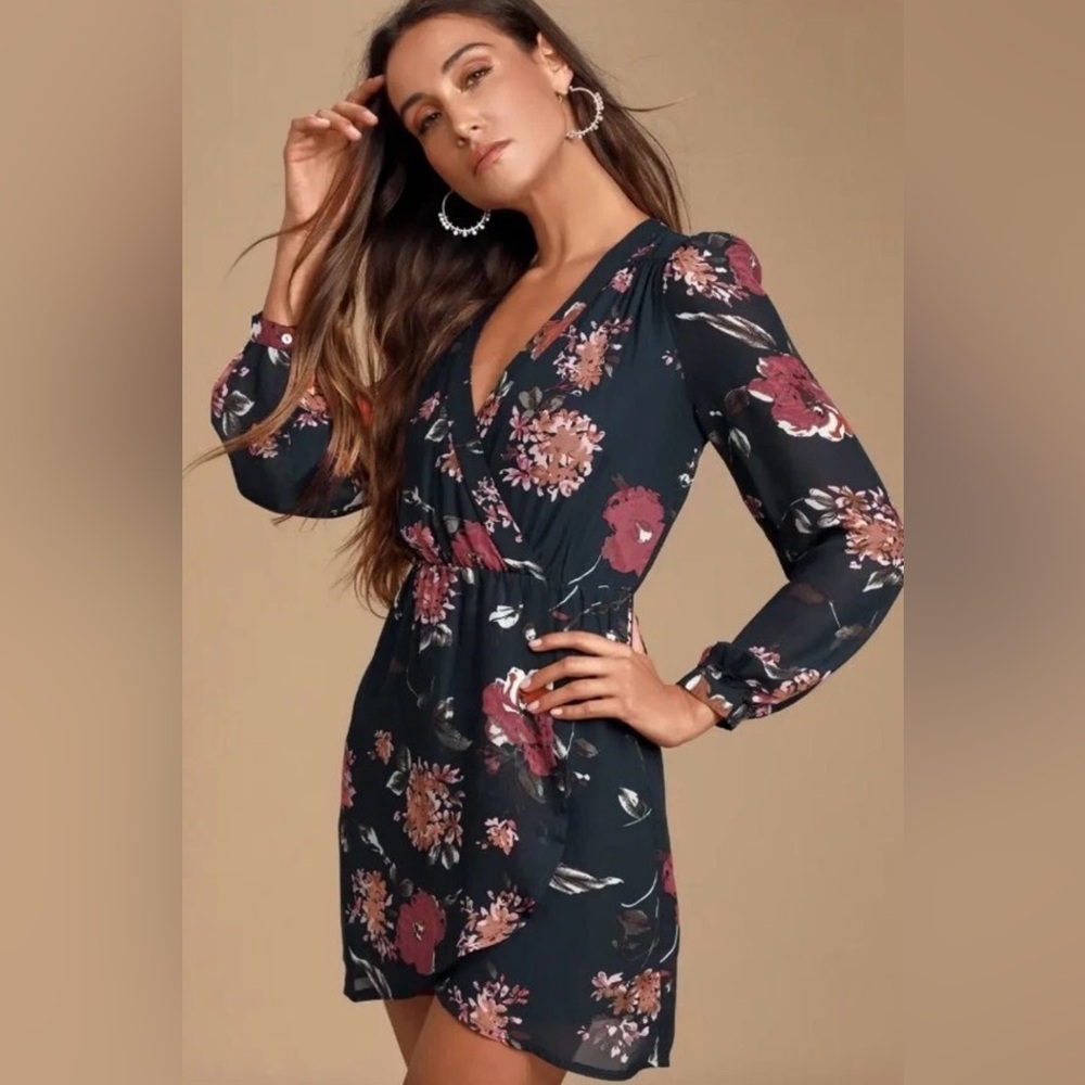 Lulus Pretty Pretender Dress Women Size Small Navy Floral Print Long Sleeve Wrap